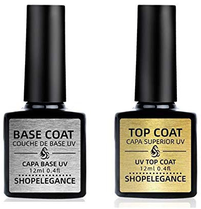SHOP ELEGANCE Gel Base and Top Coat. Top + Base Coat Gel Polish Set 2 x 12ml 0.4fl. Gel Nail Polish Soak off UV LED Drying Long Lasting Shiny, High Gloss Finish Clear
