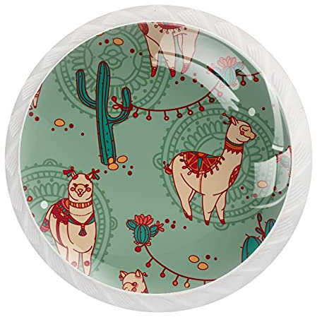 12 pomos para gabinete de celebración étnica llama, alpaca, cactus, verde, cristal redondo, cajón de cristal, tiradores de armario para cocina, 3,5 x 2,8 cm