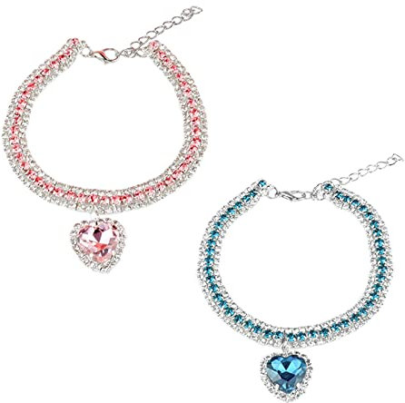 HACRAHO Strass-Hundehalsband, 2 Stück Katzen dreireihige Strass-Halskette mit Herz-Anhänger, verstellbares Kristall-Katzenhalsband für kleine Katzen und Hunde, rosa und blau-grün