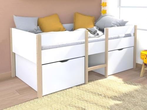 WEBER INDUSTRIES Lit mi-Hauteur ZEPHIR 90x190 + 2 Grands tiroirs + sommier/Blanc & Vernis Naturel