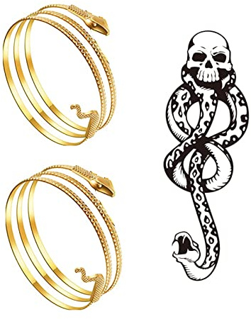 XHBTS Temporäre Schlangen-Tattoos und 2er-Pack Gewickelt Schlange Spiralfoermig Oberarm Stulpe Armband Armreif Gold Ägyptisches Kostümzubehör für Damen