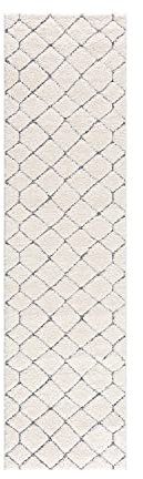 carpet city Teppich-Läufer Hochflor Flur - 80x300 cm - Scandi-Stil Raute-Optik Creme Grau - Cut-Loop, Hochtief, 3D-Effekt - Shaggy Teppiche Flauschig-Weich Schlafzimmer Langflor Bettvorleger