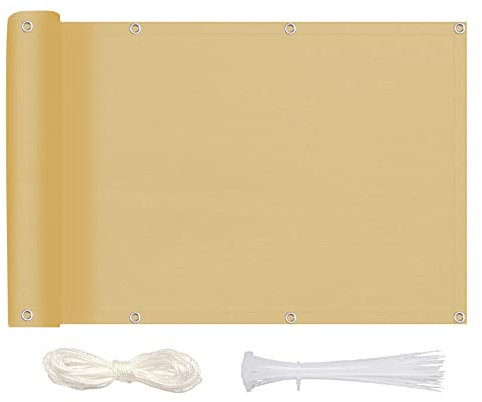 MEEYI Sichtschutz Balkon Sichtschutz 90x100cm, Balkonbespannung Blickdichte Wind- und UV-Schutz Wetterfest 100% Privatsphäre Balkonverkleidung mit Ösen, Nylon Kabelbinder und Kordel, Sandfarbe