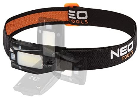 NEO TOOLS Stirnlampe USB wiederaufladbare 180 lm, 3W, COB LED, Bewegungsmelder Einschaltfunktion, rotes Licht, drehbarer Kopf 360 Grad, Gewicht 50g, Li-Ion Batterie 3.7V 500mAh, IPX 4, ABS