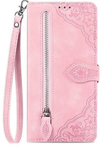 NEXCURIO Zip Wallet Case Compatible with Apple iPhone 12 Pro Max Phone Case Wallet with Credit Card Holder Strap Stand Women Leather Flip Case Floral Folding Cover Shockproof - Pink