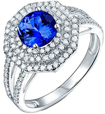 Ringe Schmuck Mädchen, Ringe Verlobung 18 Karat (750) Weißgold mit 1,7ct Blau Rundschliff Tansanit Größe 58 (18,5)