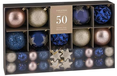 Midnight Luxury Tree Decoration Hanging Balls and Stars - Christmas Collection Baubles Covered in Gorgeous Design, Pack of 50 Plastic Ornaments for Festive Environment (Blue)