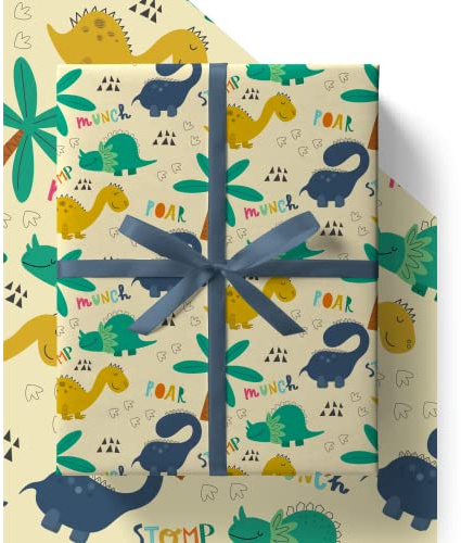 Dinosaur Wrapping Paper - HUGE 43% BIGGER [84cm x 60cm] Premium Eco Kids Birthday Gift Wrap for Dino loving Boys or Girls (8 Sheets & 8 Tags)