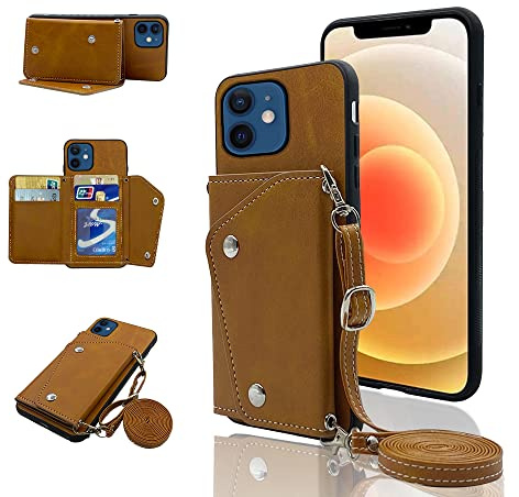 ELISORLI Phone Cover for iPhone 12 Mini 5.4 Wallet Case with Crossbody Shoulder Strap and Stand Leather Credit Card Holder Cell Accessories iPhone12mini 5G i 12s iPhone12 12mini Girls Women Men Brown