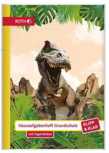 ROTH Klipp&Klar Grundschul-Aufgabenheft mit Tagesfarben, A5, 1 Woche 2 Seiten, Tyrannosaurus