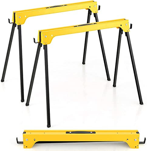 GiantexUK Folding Sawhorses Pack of 2, Twin Pack Workbench with Handle & Non-Slip Footpads, Lightweight Portable Metal Trestle Stands, 227 kg Load Capacity (Yellow)