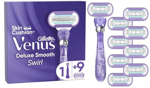 Gillette Venus Deluxe Smooth Swirl Rasoir Pour Femme, À 5 Lames Pour Suivre Les Courbes Du Corps Et Offrir Un Rasage De Près En Douceur, 1 Manche, 9 Recharges Avec Une Bande Lubrifiante SkinCushion