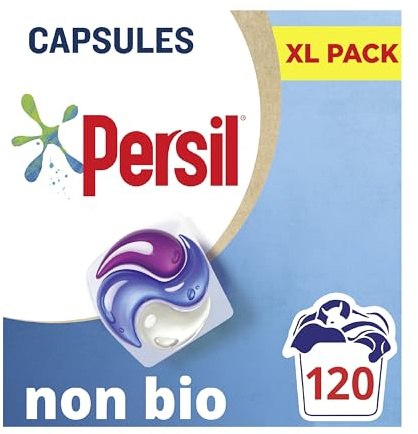 Persil 3 in 1 Non Bio Washing Capsules pack of 3 (120 washes total) laundry capsules that are gentle next to sensitive skin with recyclable, plastic-free box* 40 washes, 120 count