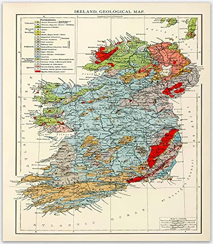 Irland Karte - Vintage Map Poster | 1900 Geologische Karte Irlands, Karte Von Irland Für Zimmerdekoration & Wohnkultur Irische Antiquitäten Von Irland | Tourenkarte Irland Kunstwerk (61cm x 91.4cm)