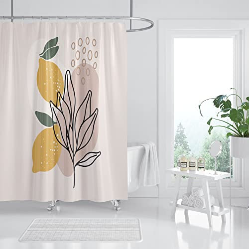 Hipposama Rideau de douche abstrait bohème citron, ensemble de rideau de douche moderne minimaliste du milieu du siècle, rideaux de douche à motif feuilles pour salle de bain, tissu imperméable avec