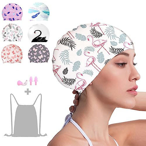 Crazy Bean Gorro de Natación Mujer Silicona Gorro Piscina con Tapones de Oídos y Pinza Nasal Elásticos y Cómodo para Largo Cabello Corto Gorro de Baño(Flamenco-Blanco)