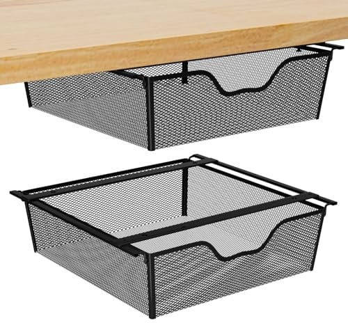 2 Pack Pull Out Basket Storage Under Shelf , Under Cabinet Hanging Drawer, Metal Wire Mesh Storage Basket Organizer for Kitchen, Office, Wardrobes, Cupboard Storage Black