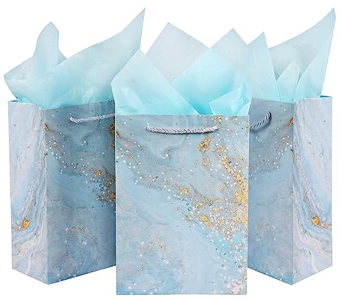 3 Pieces Gift Bag Medium Size Present Bag with 3 Tissue Paper Gift Bags for Birthday Party 20X 10 X 28 cm Marbling Design