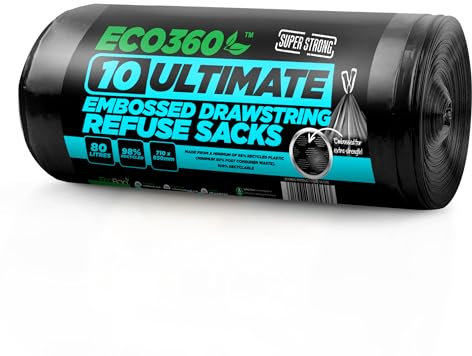 20-Pack Ultimate Embossed Black Drawstring Bin Liner Bin Bag Refuse Sacks Heavy Duty - 80L Capacity | Made from 98% Recycled Material | 100% Recyclable (10 Pack)