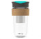 SoleCup. Large Travel Mug Loose Tea Infuser - Detachable Tea Strainer with Spill Proof Lid - 18oz/530ml BPA-Free Reusable Glass Travel Coffee Cup with Cork Band (Grey and Blue)