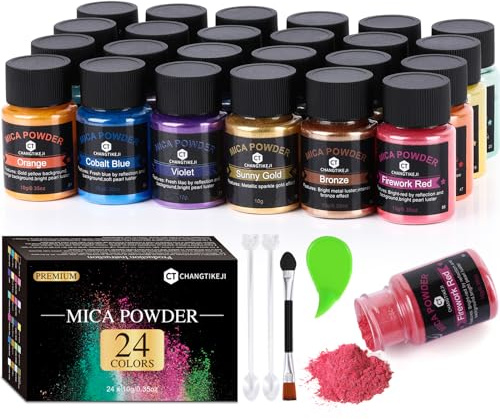 CHANGTIKEJI - Polvo de mica de 24 colores, botella de pigmento natural para resina epoxi, fabricación de jabón, fabricación de velas, brillo de labios, frescura del coche, tinte