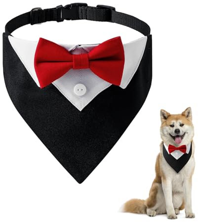 Funmo Formelles Hunde-Smoking-Bandana, Rotes Hundesmoking,Formelles Hunde-Smoking-Bandana für Hochzeit Geburtstag Kostüme Hochzeitshalsband mit Fliege und Halsband für Hunde und Katzen M