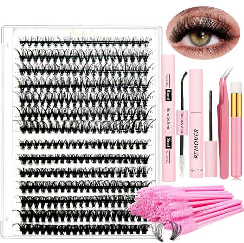 DIY Lash Extension Kit Individual Lashes Kit for Beginner at Home with 280 PCS 9-16mm Length 30D+40D Curl Lash Clusters Lash Bond and Seal Glue Remover Tweezers Lash Applicator Tool