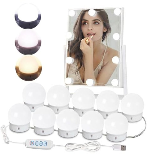 PCKOBEVER Mirror Lights, Hollywood Makeup Mirror Light with USB Power Cord, 3-Color Dressing Table Lights, Bath Mirror Lamps 10 Level Adjustable (Type A-10 Bulbs)