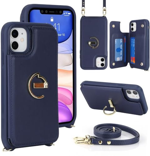 Zouzt for iPhone 11 6.1 Inch Wallet Case with Card Holder and Strap for Women, PU Leather Ring Kickstand Card Slots Case, Crossbody Lanyard Protective Phone Cover (Dark Blue)