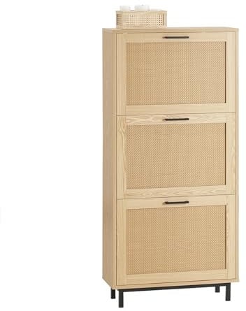 SoBuy FSR155-N Schuhkipper mit 3 Klappen Schuhschrank schmal Schuhregal mit 6 Ablageflächen Schuhkommode Schuhablage Natur BHT ca. 60x127x24cm