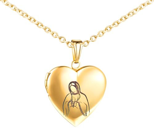 MICMIF Halskette Herz Medaillon mit Jungfrau Maria, Religiöse Heilige Madonna Medaille Amulett Halskette für Bild Foto Personalisiert, Edelstahl Bilder Medaillon Schmuck für Damen