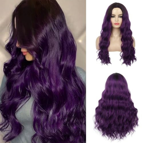Siudus Schwarz bis Lila Lange Lockige Perücken für Frauen Wellige Welle Mittelteil Haarperücke Hitzebeständige Faser Cosplay Halloween Perücke