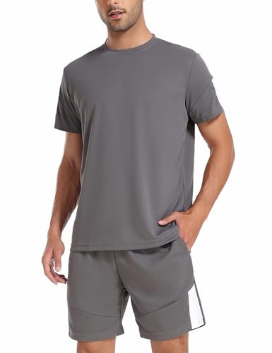 Litherday Jogginganzug Herren Trainingsanzug Activewear Sport Set Sommer Kurzarm Sportbekleidung Shirt mit Sporthose Kurz A-Dunkelgrau S