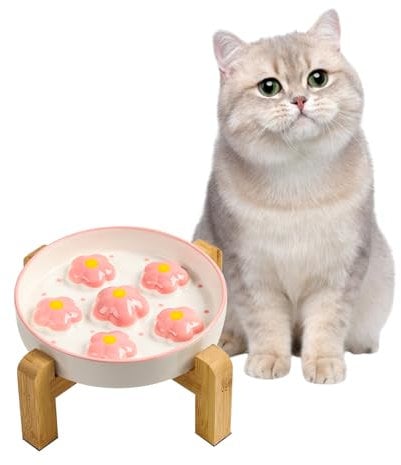 Gamelle Anti Glouton Chat Surélevée - Gamelle Chat Ceramique avec Support en Bambou Antidérapant - Bol Nourriture Chat Sureleve Anti Vomissement - Ecuelle Chat pour Alimentation Lente - Floraison Rose