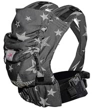 KOKADI Flip X Diorite Stars (Unisize)-Perfekte Kombi aus Fullbuckle & dem Tragen überkreuzt -Ab Geburt - 15 kg,handgefertigt aus 100%Bio-Baumwolle –Ergonomische Babybauchtrage Rückentrage Tragetasche