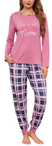 Leversic Ensemble de Pyjama Femme Hiver Coton 2 Pièces - Vêtements de Nuit Haut Manche Longue Bas à Carreaux Rose M