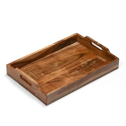 WEBHUSHI Serviertablett aus Akazienholz, 40,6 cm, braunes Holztablett mit natürlicher PU-Beschichtung für Küche und Esszimmer