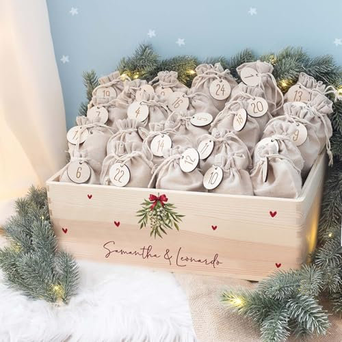 Personalisierte Adventskiste - Adventskalender für Erwachsene aus Holz mit Namen - Gravur Kalender DIY - Weihnachtskalender für Paare - hello mini (Mistelzweig Paare)