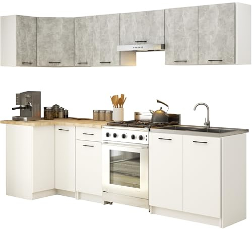 AKORD | KüchenmöbelSet 3m | Küche Komplett | Kitchen Cabinet Set | Küchenschränke | Standschränke | Hängeschränke | Schubladen | Untertischschrank | Beton & Weiß Front