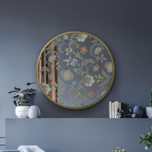 MirrorOutlet The Satis - Gold Frame edged Modern Round Circular Wall Mirror With Art Decals 24 X 24 (60CM X 60CM) Silver Mirror Glass with Gold Metal Frame New, 61 x 61 x 1