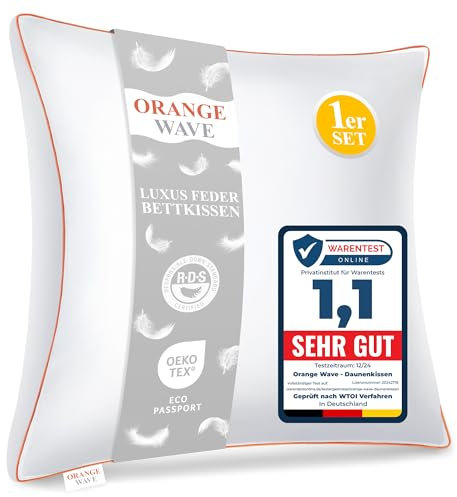 Orange Wave Daunenkissen 60x60cm Federkissen - Kopfkissen 1er Kissen Daunen und Federn Schlafkissen, RDS und Oeko-TEX Seitenschläferkissen für Maximale Unterstützung und Luxuriösen Schlafkomfort