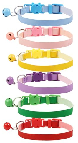 Petiry Katzenhalsband aus PU-Leder mit Glöckchen, verstellbare Sicherheitsschnalle, weich und langlebig, für Kätzchen und Katzen, mehrfarbiges Set, 6 Stück