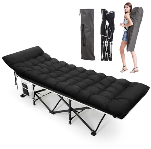 Warmiehomy Oversized Camp Bed for Adults with Thick Pad & Carry Bags, Black | Folding Camping Cot with Side Pocket, Durable Sturdy Oversized Travel Cot, Portable Tent cot for Fishing Hiking Truck Beach