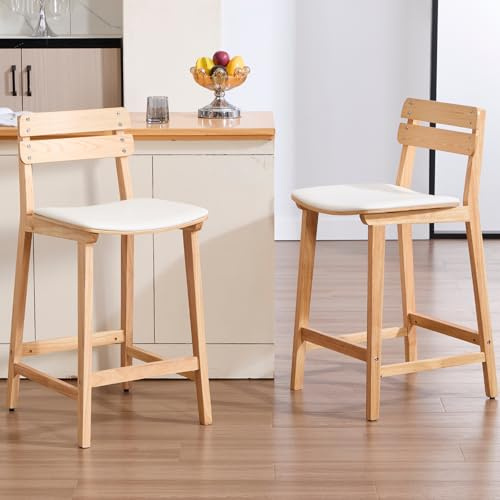 Ya-Home Barhocker 2er Set Barstuhl Holz Küchenhocker mit Polstersitz Kunstleder Tresenhocker mit Rückenlehne Bistrohocker Thekenhocker mit Holzbeinen für Esszimmer/Wohnzimmer/Küche, Naturholz