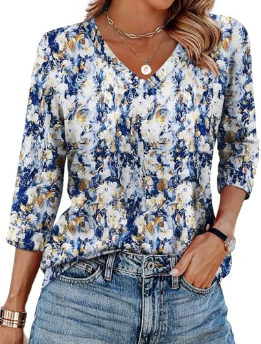 WIHOLL Tops for Women 3/4 Length Sleeve V Neck Casual Tunic Ladies Tops Basic Shirts Loose Fit Blouse Floral Blue Beige Size 10-12