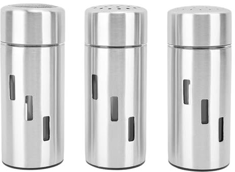 3Pcs Salt and Shakers Set Stainless Steel with 3 Sizes Hole dispensers Visible Window Outdoor Seasoning Containers