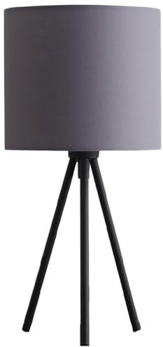 Britalia Modern Tripod Desk Lamp, Black Metal Frame, Grey Cotton Shade, 35cm Height