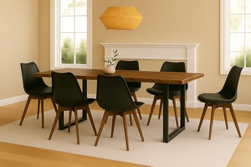 SAM 7 TLG. Essgruppe Josy | Esstisch mit 6 Stühlen | 160x85 cm mit Baumkante | Holz Nussbaum-Optik | 40 mm Platte | U-Gestell Schwarz | 6X Schalenstuhl Schwarz + Gestell in Nussbaumfarben