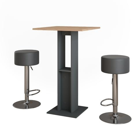 Vicco Bartisch-Set Repose, Goldkraft Eiche/Anthrazit, 65 x 65 cm mit 2 Barhockern