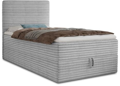 Sofnet Boxspringbett Mollo Mini mit Bettkasten und Matratzentopper - Einzelbett mit Bonell-Matratze und Topper, Polsterbett in weichem Cordstoff, Bett, Schlafzimmer (Grau (Tilia 86), 100 x 200 cm)